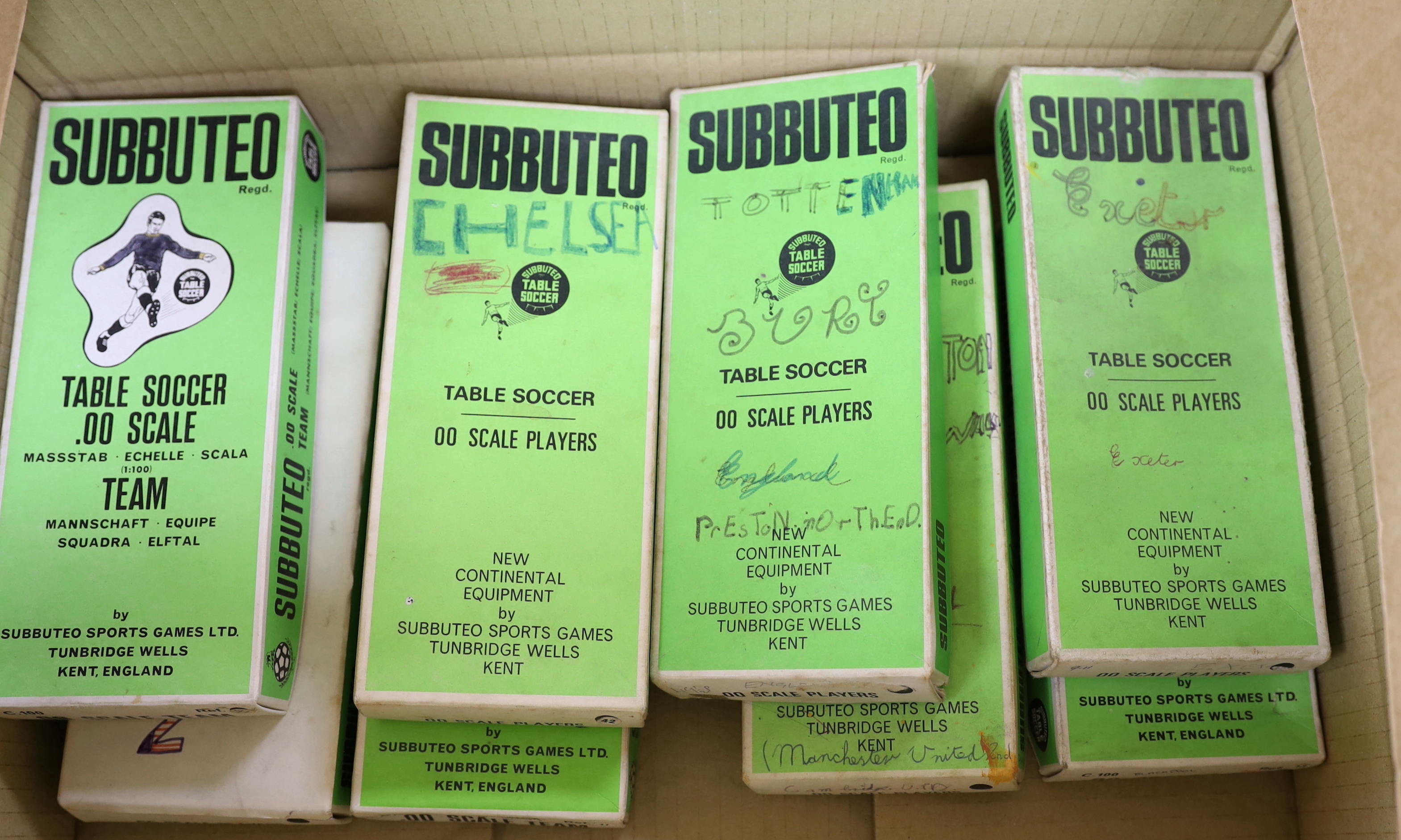 Eleven boxed Subbuteo table football teams, including; Blackpool, Exeter, Queens Park Rangers, Chelsea, Port Vale, Southampton, etc.